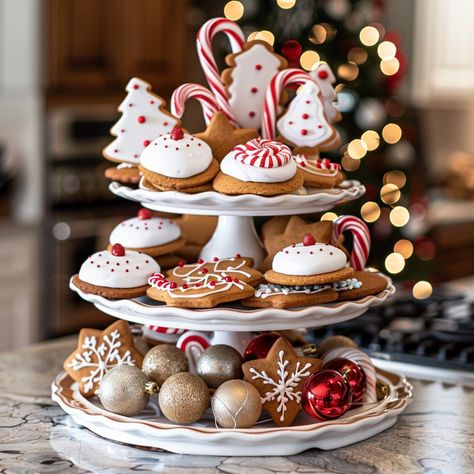 Festive Cookie Display: A beautifully arranged three-tiered stand showcasing an assortment of homemade Christmas cookies and holiday ornaments. #holiday #cookies #christmas #dessert #festive #aiart #aiphoto #stockcake ⬇️ Download and 📝 Prompt 👉 https://ayr.app/l/B7hu Christmas Cookie Display, Christmas Cookie Table, Christmas Dessert Display, Homemade Christmas Cookies, Diy Christmas Cookies, Cookie Display, Cookie Stand, Food Decorations, Holiday Cookies Christmas