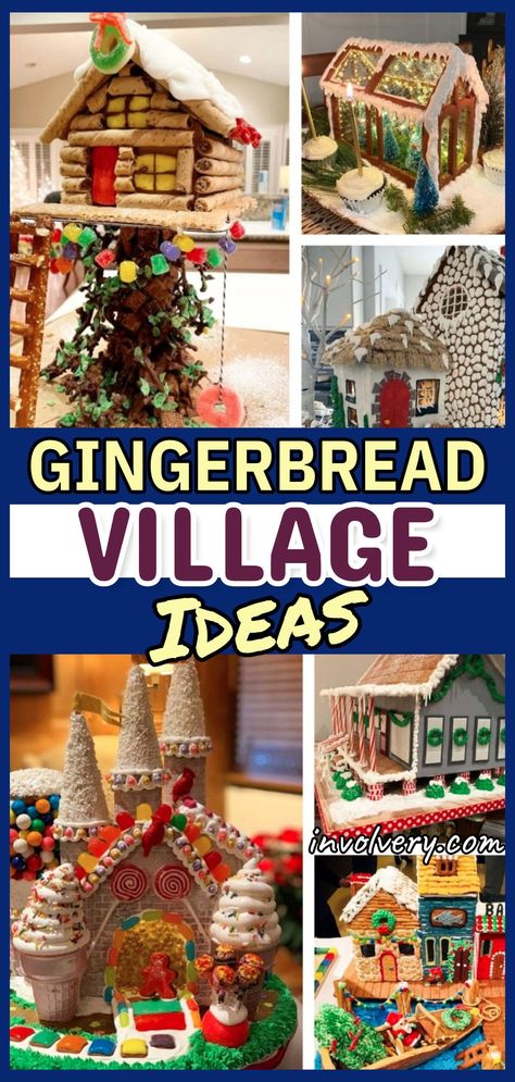 Decorating Gingerbread Houses Ideas, Treehouse Gingerbread House Ideas, Group Gingerbread House Making, Gingerbread Mansion Template, Gingerbread Town Christmas Villages, Gingerbread Town Ideas, Santa Workshop Gingerbread House, Gingerbread House Ideas Contest Easy, Gingerbread House Village Display Ideas