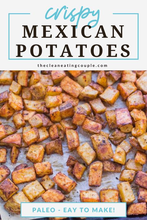 Mexican Potatoes are the perfect easy side dish! Roasted to crispy perfection, paleo, whole30 and absolutely delicious - these authentic potatoes are baked perfectly and go with everything! You can make them with cheese, or enjoy them plain. They're great for breakfast, lunch or dinner!#healthy #paleo #whole30 Mexican Food With Potatoes, Mexican Hashbrowns, Mexican Fried Potatoes, Mexican Potatoes Recipes, Potato Recipes Mexican, Mexican Breakfast Potatoes, Potato Mexican Recipes, Potatoes Mexican Style, Tex Mex Potatoes