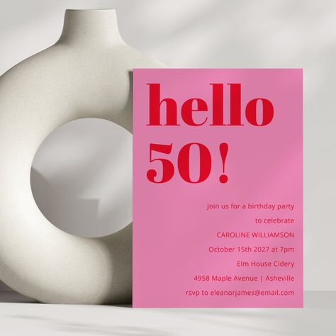 Bold Modern Simple Fun Pink and Red 50th Birthday Invitation 92nd Birthday, 77th Birthday, 50th Birthday Invitation, Text Template, Modern Birthday, 50th Birthday Invitations, Bold Typography, Modern Invitation, Aesthetic Cute