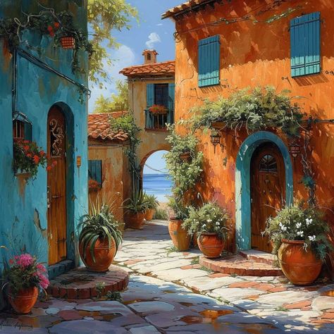 Vibrant Turquoise with Terracotta for Mediterranean Exterior Colors • 333+ Images • [ArtFacade] Cute Mediterranean House, Mediterranean Art Paintings, Mediterranean City Concept Art, Mediterranean Photos, Terracotta And Turquoise, House Acrylic Painting, Mediterranean Landscape Painting, Italian Village Painting, Mediterranean Exterior Design