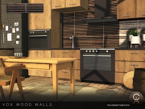 Sims 4 City Living, Mod Wall, Sims 4 Kitchen, Sims 4 Tsr, Mod Furniture, Sims 4 House Plans, Wood Walls, Tumblr Sims 4, Sims Building