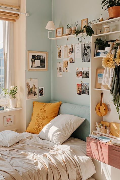 design ideas to spruce up your dorm room Bedroom Aesthetic Bright, Plants Vases, Mini Bedroom, Cozy Dorm, Shelves For Bedroom, Cozy Dorm Room, Blue Comforter, Living Room Nursery, Dorm Room Designs