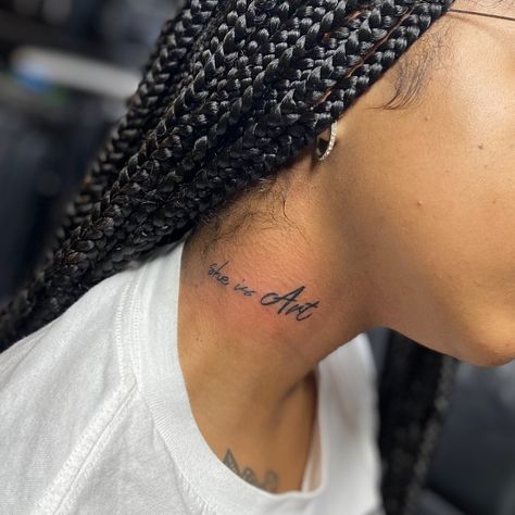 She Is Art Tattoo Black Women, Scripture Neck Tattoo, Meaningful Neck Tattoos Women, She Is Art Tattoo Ideas, Neck Tattoos Black Women, She Is Art Tattoo, Neck Tats, Eyelashes Grow, Front Shoulder Tattoos