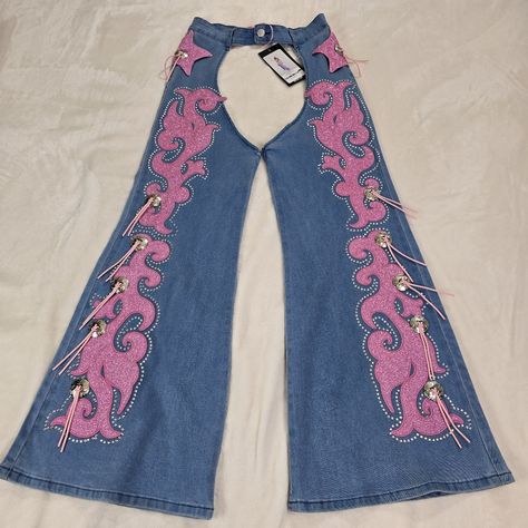 New With Tag Sugar Thrillz Longing Heart Denim Chaps Medium. Flaws Minor Stain On The Waist And On The Back Bottom . Jean Chaps, Rainbow Veil, Chaps Outfit, Denim Chaps, Assless Chaps, Cowgirl Chaps, Princess Era, Shadow Reflection, Southern Clothing