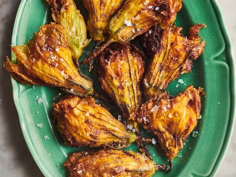 Fried Squash Blossoms Recipe (Extra Crispy and Herbaceous) | The Kitchn Fried Squash Blossom Recipe, Squash Blossom Recipe, Fried Squash Blossoms, Fried Squash, Crispy Zucchini, Squash Blossoms, Zucchini Squash, Summer Appetizer, Recipes Appetizers And Snacks