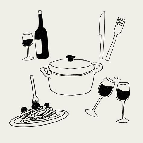 Party Illustration Art, Dinner Party Illustration, Dinner Party Design, Dinner Drawing, Dinner Illustration, Pasta Illustration, Icon Illustrations, Dinner Party Invite, Wine Illustration