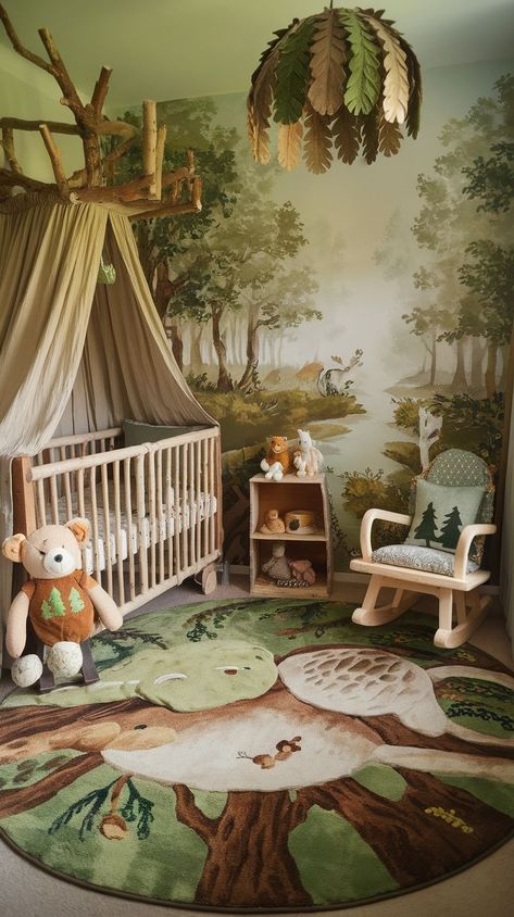 Transform your baby's nursery into a woodland wonderland with these 15 enchanting ideas. From forest-themed wall art to adorable animal accents, this guide brings the magic of nature into your nursery design. Embrace calming earth tones, cozy textures, and whimsical details that make for a warm and inviting space. Ideal for parents looking to create a nature-inspired, soothing environment, these woodland nursery ideas blend charm, comfort, and creativity to spark your little one's imagination. Vintage Green Nursery, Woodland Theme Nursery Gender Neutral, Bird Nursery Theme, Nature Baby Nursery, Woodland Nursery Wallpaper, Medieval Nursery, Enchanted Forest Nursery Theme, Cool Nursery, Woodland Nursery Ideas