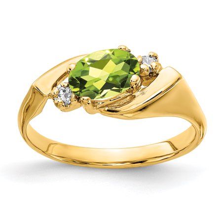 Draw attention to your look with this striking 14 karat yellow gold ring. Featuring 0.85 cttw oval shaped 7x5mm faceted peridot gemstone and sparkling I1 clarity round diamond accents for a charming look, this ring is certain to captivate. Available in whole finger size 5, this ring gleams with brilliant polished finish. Gender: female. Age Group: adult. Real Diamond Ring, Peridot Birthstone, Real Diamond Rings, August Birthstone Jewelry, Peridot Stone, Yellow Gold Jewelry, Engagement Ring Sizes, Vs Diamond, Peridot Ring