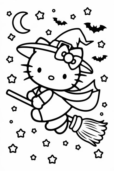 Hello Kitty Halloween Stencil, Coloring Pages For Halloween, Hello Kitty Desenhos, Colouring Book Aesthetic, Hello Kitty Coloring Sheets, Coloring Book Pages Aesthetic, Halloween Coloring Pages Free Printable, Kida Disney, Witch On A Broomstick