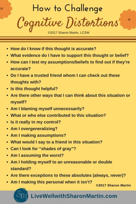 How to Challenge Cognitive Distortions - Live Well with Sharon Martin Cognitive Distortions Worksheet, Sharon Martin, Cbt Therapy, Cognitive Psychology, Cognitive Therapy, Cognitive Behavior, Mental Health Therapy, Mental Health Counseling, Counseling Activities