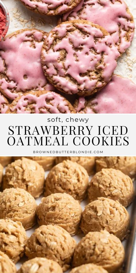 These strawberry iced oatmeal cookies are a delicious twist on an old-fashioned classic. Made with super soft centers, chewy edges and a sweet strawberry icing, these cookies will catapult you straight to star baker status! | Browned Butter Blondie Icing Oatmeal Cookies, Strawberry Icing For Cookies, Strawberry Gooey Butter Cookies, Strawberry Blonde Brownies, Strawberry Iced Oatmeal Cookies, After School Cookies, Soft Iced Oatmeal Cookies, Strawberry Cookie Bars, August Baking Ideas