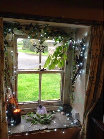 crystalskulls Witchy Windowsill, Shelf Over Kitchen Window, House Spirits, Atrium Windows, Witchy Cottage, Witchy Kitchen, Window Sill Decor, Cottage Windows, Kitchen Window Sill