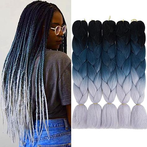 Ombre Braids Black Women Two Tones, Light Blue Braids For Black Women, Grey Ombre Braids, Blue Braids For Black Women, Black And Blue Braids, Ombre Braids Black Women, Ombre Twists, Rasta Braids, Grey Braids