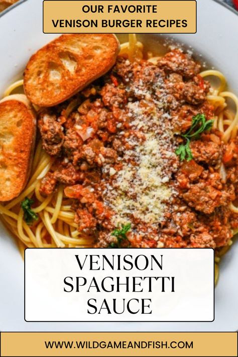 Venison Burger Spaghetti Sauce Venison Burger Recipes, Venison Spaghetti, Homemade Spaghetti Sauce Recipe, Spagetti Recipe, Venison Burgers, Homemade Meat Sauce, Deer Recipes, Meat Sauce Recipes, Homemade Spaghetti Sauce