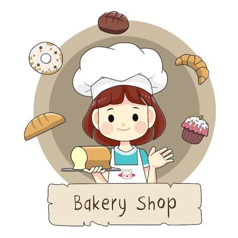 Chef Woman, Chef Girl, Cartoon Chef, Cute Bakery, Chef Logo, Doodle Background, Logo Cartoon, Cake Logo Design, Logo Design Set