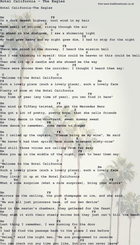 Lyrics...The Eagles - Hotel California The Eagles Lyrics, Hotel California Lyrics, California Lyrics, California Illustration, Eagles Lyrics, Eagles Hotel California, Whatsapp Wallpaper Cute, Wind In My Hair, Country Music Videos