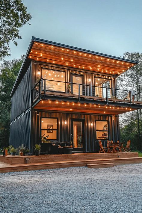 Two story house built with shipping containers with balcony and wooden porch. Check out these shipping container homes and learn their advantages, design appeal, and unique characteristics. Corrugated Metal Siding, Container Living, Sea Container Homes, Wrap Around Balcony, Sea Containers, Container Cabin, Two Story House, Wooden Porch, Container Architecture