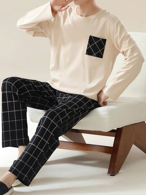 Beige  Collar   Colorblock,Plain Pajama Sets Embellished Slight Stretch Fall/Winter Men Loungewear Pajama Set For Men, Korean Mens Pajamas, Mens Sleepwear Aesthetic, Pajama Outfit Men, Men Homewear, Winter Pajama, Pajamas Men, Men Pajamas, Pajamas For Men