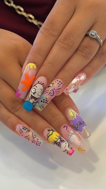 Rugrat Themed Nails, Rugrats Acrylic Nails, Rugrats Nail Designs, Rugrats Nail Art, Rugrats Baby Shower Theme, Nickelodeon Nails, Rugrats Nails, Cartoon Character Nail Art, 90s Cartoon Nails Acrylic