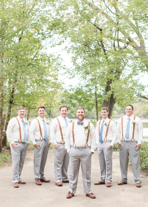 Brown suspenders, grey pants, ivory shirt Gray Suit With Suspenders, Grey Pants With Suspenders Groomsmen, Brown Suit Casual, Groomsmen Attire Grey, Dark Brown Suit, Wedding Morning Suits, Mens Wedding Shirts, Groom Suspenders, Light Blue Bridesmaid Dresses