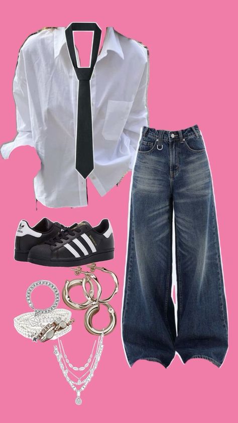 Streetwear baggy style fashion blouse with loose tie baggy jeans adidas super star old school shoes and silver jewellery 🌙 Baggy Dance Outfit, Aesthetic Outfits With Baggy Jeans, Dance Streetwear, Shirt And Tie Outfits, Wanted Aesthetic, Baggy Jeans Outfit Aesthetic, Vintage Jeans Outfit, Old School Shoes, Old Adidas