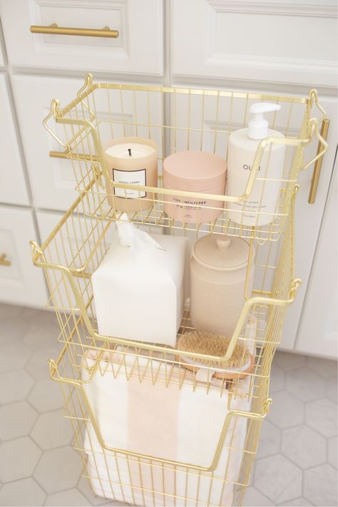 3 Unique Ways to Organize Around Your Home - Teresa Caruso - bathroom cart, bathroom organization, tissue holder, golden bathroom accessories, neutral bathroom Teresa Caruso, Bathroom Caddy, Anthropologie Home, Bathroom Trash Can, Toilet Paper Storage, Shower Organization, Wire Storage, Kitchen Storage Solutions, Chic Bathrooms