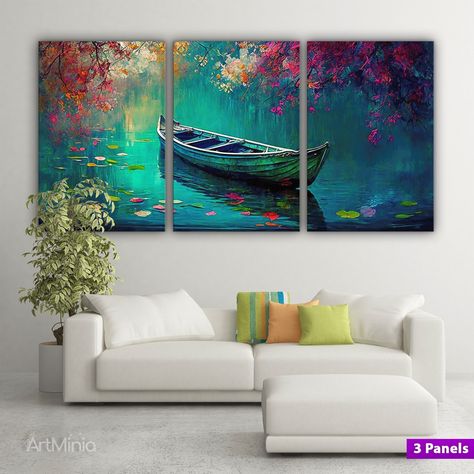 Lake With Flowers, Flowers Oil Painting, Canvas Set Of 3, Beach Canvas Art, Oil Painting Canvas, Beach Canvas, Oil Painting Flowers, Multi Panel Canvas, Beautiful Wall Art