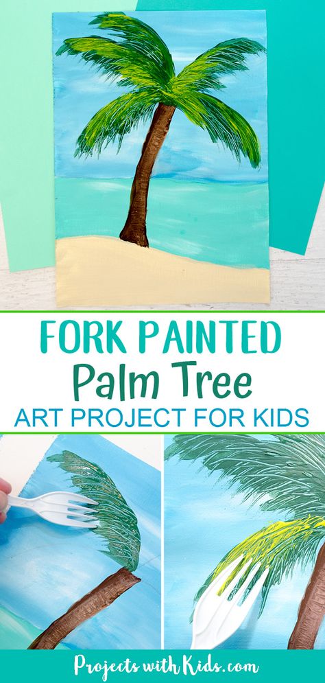 This fun and tropical palm tree fork painting is so fun for kids to make! A great summer art project for older kids and tweens that uses a unique painting technique. #projectswithkids #paintingideas #kidsart Fork Painting For Kids, Fork Painting, Sunflower Art Project, Bunny Art Projects, Chalk Pastel Art, Summer Art Projects, Palm Tree Art, Project For Kids, Cool Art Projects