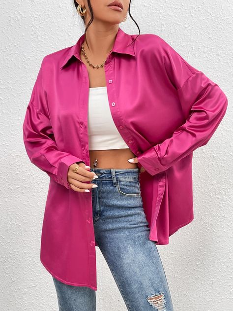 Pink Elegant Collar Long Sleeve Satin Plain Shirt Embellished High Stretch  Women Tops, Blouses & Tee Satin Shirts For Women Outfit, Satin Shirt Outfit Classy, Satin Button Up Outfit, Pink Blouses Outfit, Silk Top Outfit, Satin Shirts For Women, Satin Shirt Outfit, Silk Shirt Outfit, Pink Shirt Outfit