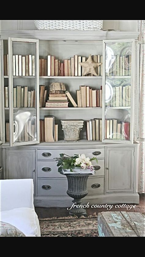 Nice piece, pretty color Painted Library, Cottage Library, Hutch Ideas, Office Update, Library Shelf, Amanda Williams, Painted China Cabinets, Redo Cabinets, Book Furniture