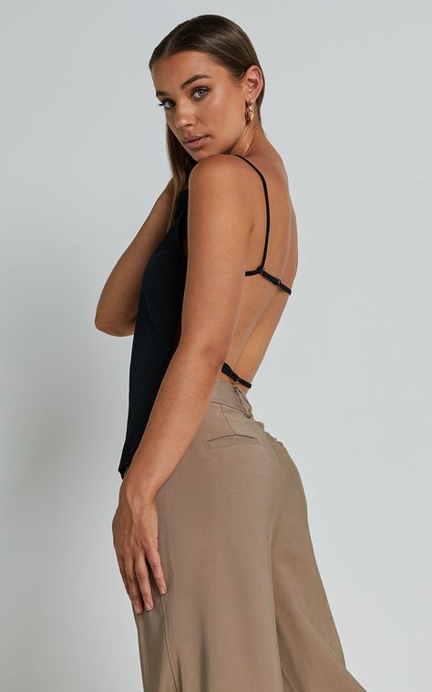 LIONESS - CAMILLE BACKLESS TOP in ONYX | Showpo USA Blouse Outfit Ideas, Cut Blouse, Backless Top, Straight Neckline, Blouse Outfit, Vacation Outfits, All Body Types, Black Top, A Skirt