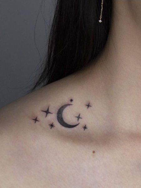 Moon And Stars Tattoo Dark Star Tattoo, Star Tattoos For Women, Moon Tattoos For Women, Moon And Star Tattoo, Best Star Tattoos, Star Tattoo Ideas, Moon Star Tattoo, Half Moon Tattoo, Small Star Tattoos