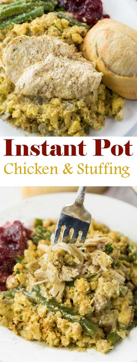 Instant Pot Chicken and Stuffing: Moist and flavorful chicken that's quickly cooked to perfection along with savory stuffing and fresh green beans. With a max of 22 minutes of cooking time, you'll be eating in no time! Instant Pot Chicken And Stuffing, Chicken Instapot, Instant Pot Yogurt Recipe, Recipes Instapot, Chicken And Stuffing, Chicken Recipes Easy Quick, Chicken Stuffing, Pot Recipes Healthy, Easy Slow Cooker Chicken