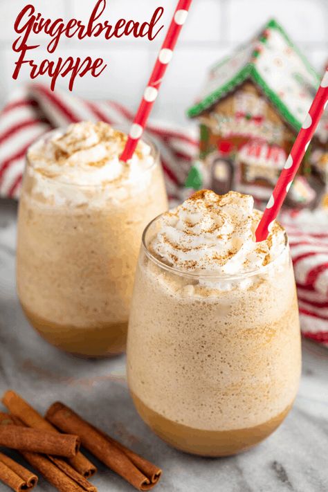 All the holiday flavor you love from delicious gingerbread in a frappe treat that's sure to hit the spot! Skip the coffee shop and make this one at home. It's easy! Frappe Starbucks, Holiday Coffee Drinks, Sarah Logan, Frappe Recipe, How To Make Gingerbread, Iced Drinks Recipes, Frappuccino Recipe, Gingerbread Latte, Gingerbread Recipe