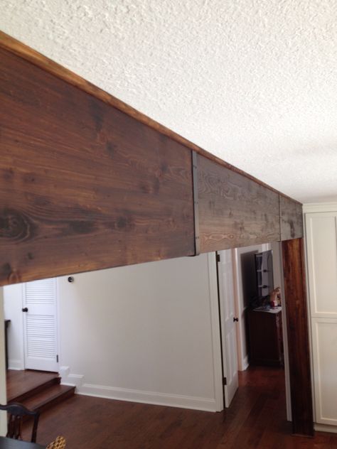 Covered a steel beam with pine and metal straps at the seams. Support Beam Cover Ideas, Boxing In Pipes Ideas, L Shaped Kitchen Island, Shaped Kitchen Island, Beam Cover, Beam Ideas, Drop Ceiling Basement, Kitchen Pics, Ceiling Basement