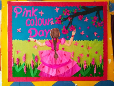 Pink Day Decoration In Preschool, Pink Day Bulletin Board Ideas, Pink Day Board Decoration In School, Pink Colour Day Decoration Ideas For School, Pink Day Decoration Ideas In School, Pink Day Activities Preschool, School Board Decoration Creative Borders, Mural Mayo, School Diy Crafts