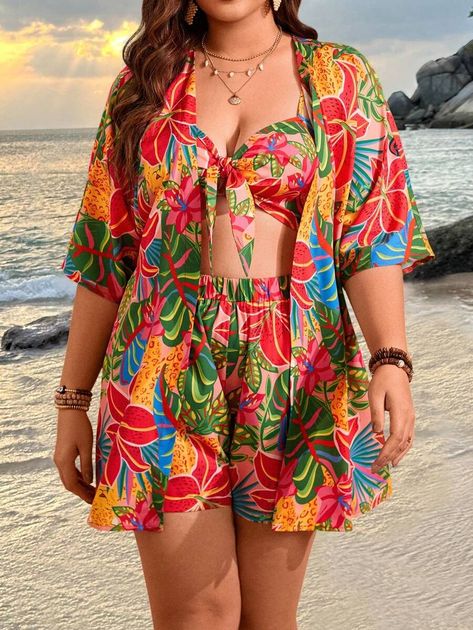 SHEIN VCAY Plus Size Women's Artistic Tropical Print Beach Casual Holiday Style Shirt, Camisole, Short Set | SHEIN USA Beach Casual, Co Ords, Holiday Style, Short Set, Style Shirt, Tropical Print, Holiday Fashion, Plus Clothing, Short Sets