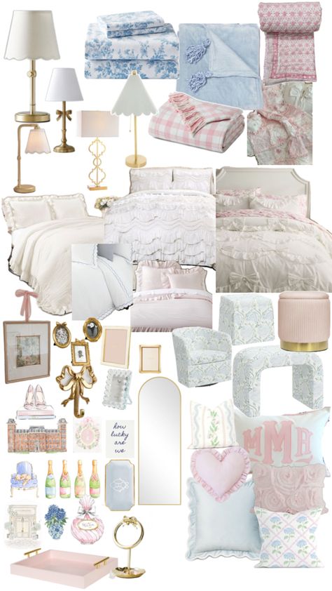 Pink And Blue Room, Baby Blue Bedrooms, Granddaughter Aesthetic, Fancy Bedroom, Dorm Room Styles, Dorm Room Inspo, White Room Decor, Floral Bedroom, Dream Bedroom Inspiration