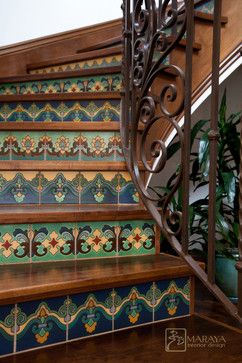 Spanish Blue & Aqua Tile Staircase - mediterranean - staircase - santa barbara - Maraya Interior Design Mediterranean Staircase, Tiled Staircase, Aqua Tiles, Colorful Tiles, Casa Hobbit, Traditional Staircase, Tile Stairs, Italian Interior Design, Tuscan Design