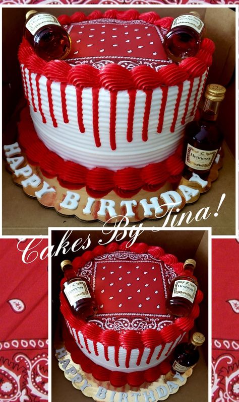 Red bandana and henny birthday cake! Red Bandana Cake Ideas, Red Bandana Party Ideas, Red Bandana Cake For Men, Red Cake Designs Birthday For Men, Bandana Cake Ideas, Bandana Party Decorations, Blue Bandana Cake, Bandanna Cake, Red Birthday Cake For Men