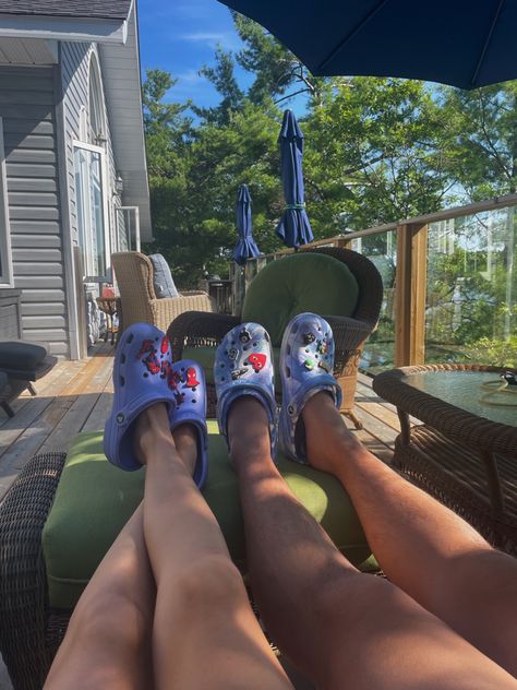 matching crocs, cottage, jibbitz, croc charms, purple, tan, couple, shoes, love, muskoka, summer Matching Crocs For Couples, Couple Crocs, Matching Crocs, Matching Shoes For Couples, Purple Crocs, Crocs Ideas, Orange Jello, Weekend Mood, Gay Comics