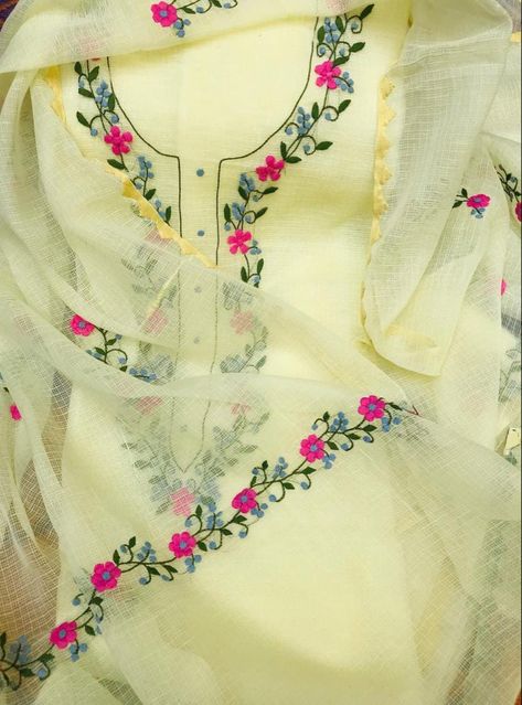 Embroidery On Yellow Suit, Lace Saree Designs, Sindhi Embroidery, Embroidery Jeans Diy, Vintage Embroidery Transfers, Suit Embroidery, Fabric Painting On Clothes, Hand Painted Dress, Yellow Suit