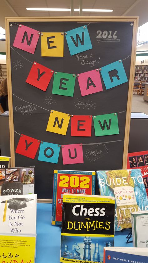 New Year New You, Library Display January Library Display Ideas, New Year Book Display, January Book Displays Library, January Book Display, New Years Library Display, New Year Library Display, January Library Displays, Winter Library Displays, Library Display Ideas