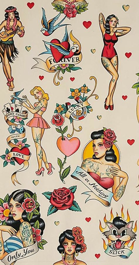 Traditional Tattoo Pin Up Girl, Traditional Tattoo Pin Up, Flash Art Tattoos, Rockabilly Tattoos, Vintage Tattoo Art, Pin Up Girl Tattoo, Arte Pin Up, Sailor Jerry Tattoos, Kunst Tattoos