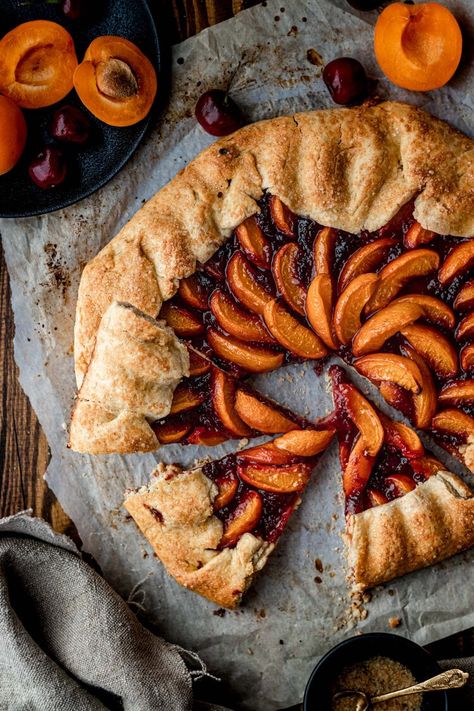 Cherry Apricot Galette (Gluten Free) — Murielle Banackissa Cherry Recipes Gluten Free, Galette Gluten Free, Apricot Galette, Gluten Free Galette, Fresh Cherry Recipes, Almond Butter Recipes, Apricot Recipes, Autoimmune Paleo Recipes, Galette Recipe