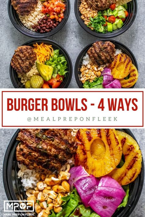 Meal In A Bowl Recipes, Italian Meal Prep Bowls, Healthy Burger Meals, Ground Beef Buddah Bowl, Beef Bowl Recipe Healthy, Healthy Hamburger Meal Prep, Cheese Burger Bowl Meal Prep, Greek Burger Bowl, Clean Bowl Recipes