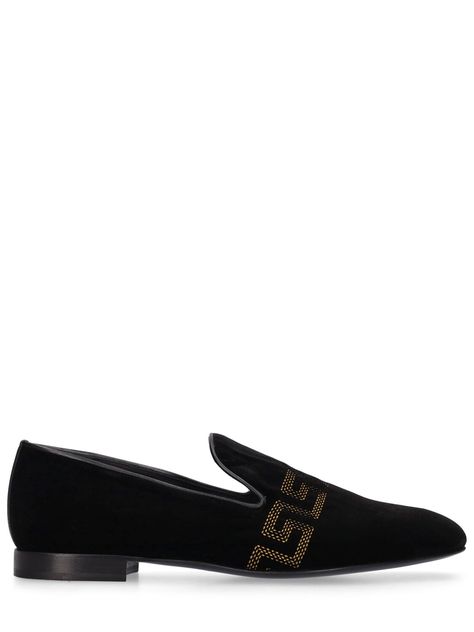 Cotton and synthetic upper. Slip-on. Logo details Versace Shoes Mens, Versace Slippers, Versace Slides, Black Loafers Men, Versace Logo, Versace Shoes, Black Loafers, Slides Shoes, Slipper Shoes