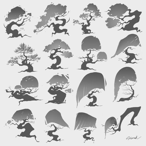 ArtStation - Tree/Shape Studies , Sivorak Kong Tree Shapes Drawing, Tree Roots Illustration, Tree Concept Art, Tree Reference, Roots Illustration, Tree Graphic Design, Shape Study, Illustration Plants, Trees Illustration