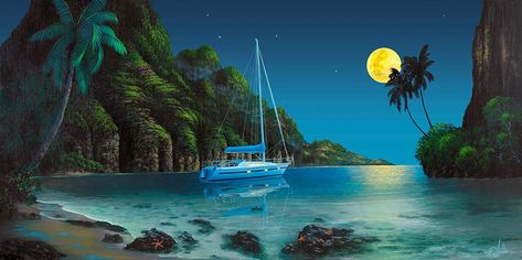 Night Time Beach Painting with Full Moon Night Time Beach, Beach Mural, Night Sky Moon, Dark Mermaid, Moon Beach, David Miller, Sky Moon, Commission Painting, Paint Design